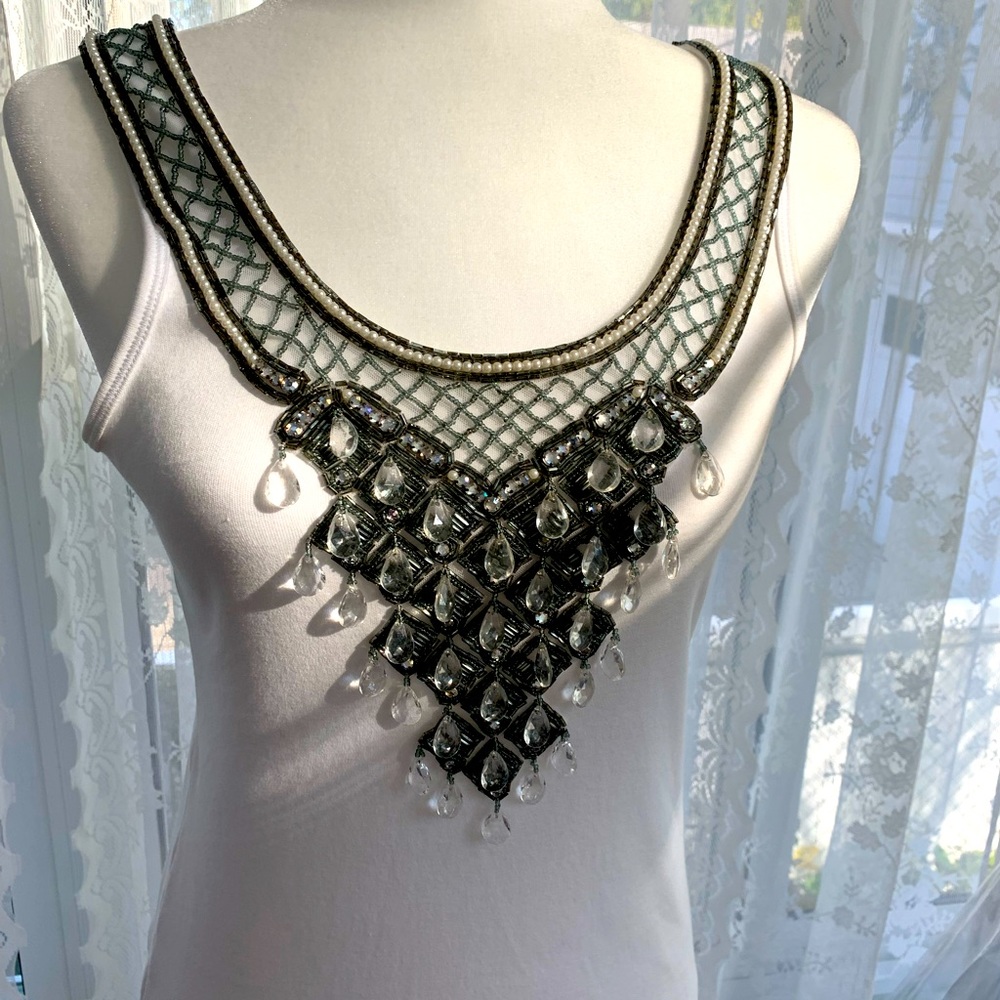 White Tank Top with Decorative Crystal Bib Necklace Detail